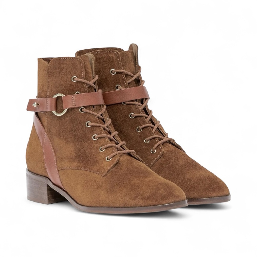 Bocage Neutral Tan Lace-Up Suede Booties from France Cottagecore Boho size 7